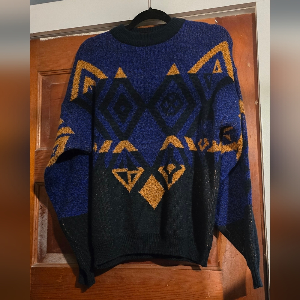 Vintage Adam Sloane Geometric Patterned Blue and Gold Men's Sweater